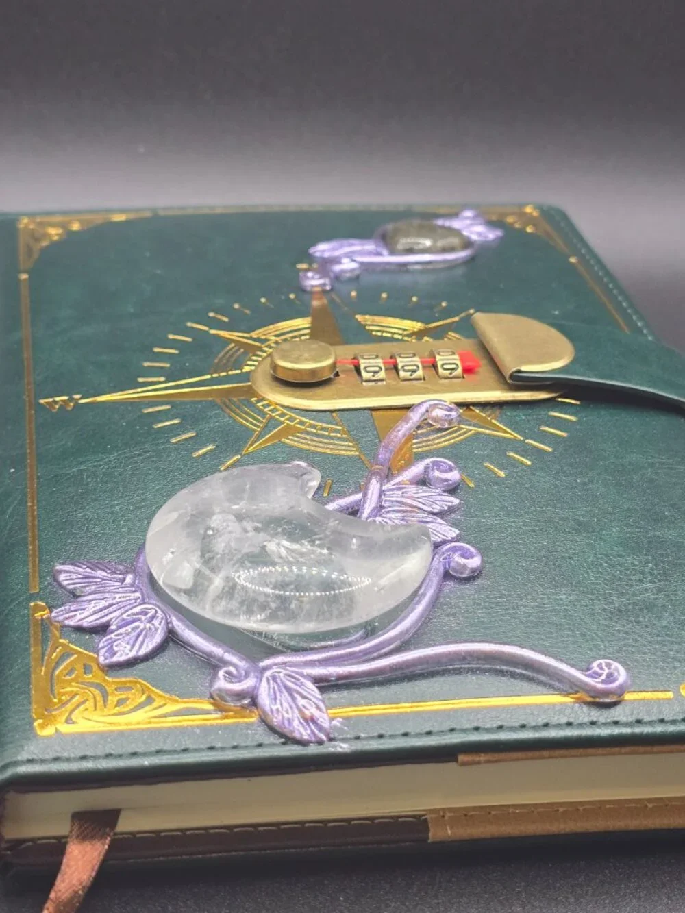 Locking Spell Book Journal | Clear Quartz Crescent Moon & Labradorite Diary